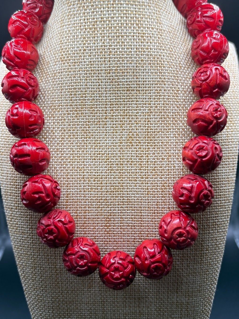 Vintage Hand Carved Red Cinnabar Style Bead Statement Necklace